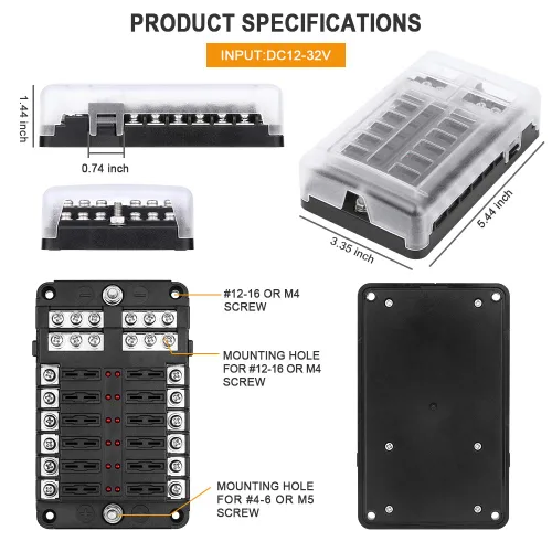 Miniatura 3 de ELECTOP Bloque de fusibles de hoja de 12 vías, 12 circuitos con soporte de caja de fusibles de bus negativo con indicador LED, cubierta