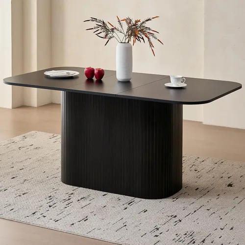 Miniatura 10 de Mesa de comedor de 63 pulgadas para 4 personas, esquinas redondeadas, base de pedestal a rayas, mesa rectangular moderna de granja, color beige