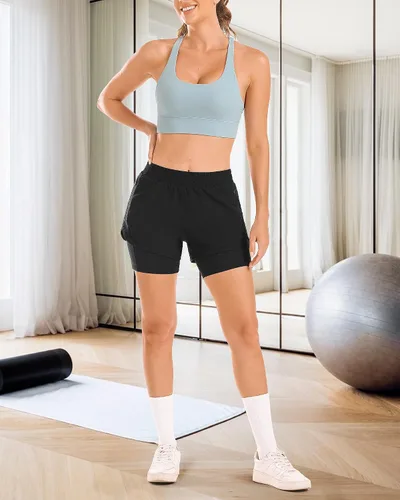 Miniatura 7 de Stelle Pantalones cortos de correr 2 en 1 para mujer, pantalones cortos deportivos de cintura alta, pantalones cortos de entrenamiento con forro