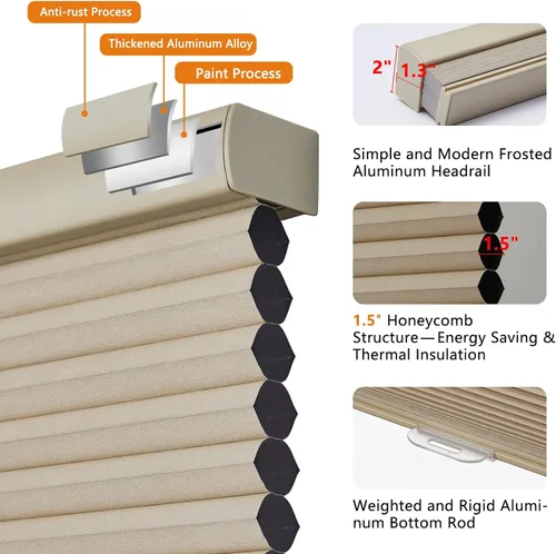 Miniatura 2 de Persilux Persianas Celulares Opacas Inalámbricas para Ventanas, Cortinas de Panal, Reducción de Ruido, Aislamiento Térmico para el Hogar, Beige