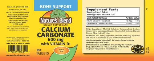 Miniatura 2 de Nature's Blend Carbonato de calcio 600 mg con D3 400 UI 100 comprimidos, (paquete de 1), 079854016819
