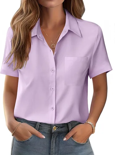 Miniatura 22 de Zeagoo Blusa de manga corta con botones para mujer, con bolsillo en el busto, para negocios, casual, para el trabajo, trajes de verano