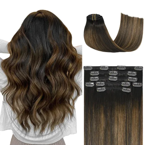 Miniatura 24 de Honsoo Extensiones de cabello humano real de color marrón con pinzas, marrón castaño, 15 pulgadas, 70 g, 7 unidades, cabello lacio sedoso y marrón