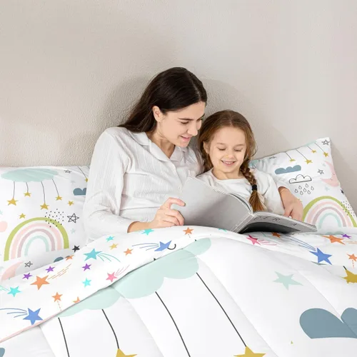 Miniatura 5 de Erosebridal Juego de ropa de cama con diseño de arco iris para niños, tamaño individual para niñas, lindo juego de edredón de dibujos animados