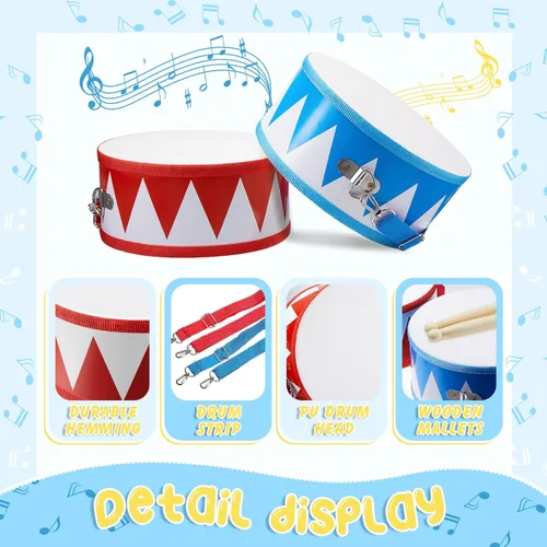 Miniatura 3 de Boao Juego de 2 tambores para niños, tambor de juguete de madera de 8 pulgadas para niños pequeños con correa ajustable y 4 baquetas, instrumento