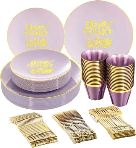 Miniatura 11 de Nervure 150 piezas de platos de plástico transparente con cubiertos martillados dorados que incluyen 25 platos de cena, 25 platos de postre, 25