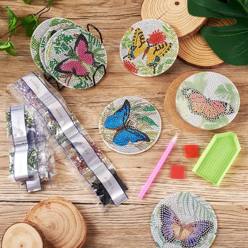 Miniatura 5 de 8 posavasos de pintura de diamante de mariposa 5D con almohadillas de corcho, diamantes de imitación de cristal, posavasos para manualidades