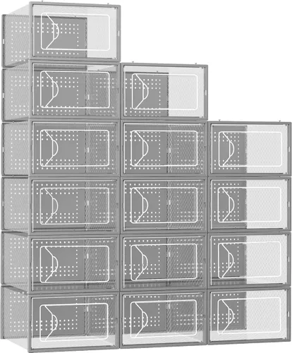 Miniatura 8 de Foluck Caja de almacenamiento de zapatos, paquete de 15 organizadores de zapatos apilables de plástico transparente para armario, diseño entrelazado