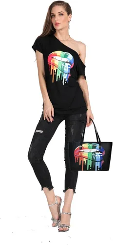 Miniatura 67 de MAGICMK - Camiseta casual para mujer, con estampado de labios y hombro descubierto, talla extragrande