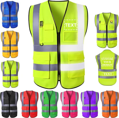 Chaleco de seguridad personalizado para hombres con bolsillos de logotipo, ropa de trabajo protectora personalizada de alta visibilidad con tira