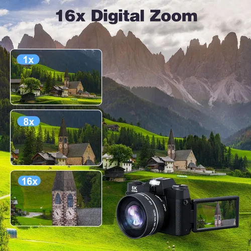 Miniatura 5 de Cámara digital 6K de 64 megapíxeles para fotografía y videoblogs para YouTube, pantalla giratoria de 180°, zoom autofocus de 16X, cámara de belleza