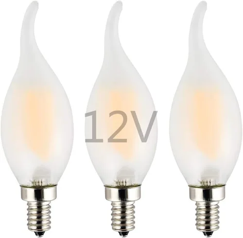 Bombilla LED de bajo voltaje de 12 voltios, CA/CC 12 V, 6 W 600 Lm, regulable, luz blanca cálida, base pequeña E12, punta de llama de vidrio