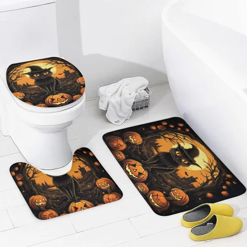 Miniatura 4 de Juego de 4 cortinas de ducha de Halloween, gato negro, luna llena, calabaza aterradora, cortina de ducha y alfombras, juego de cortina de ducha