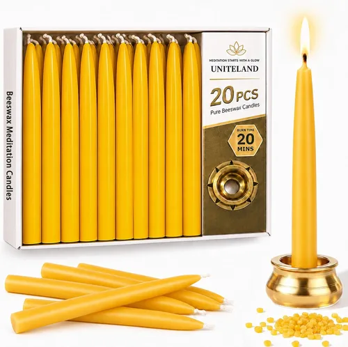 Miniatura 12 de Velas de meditación de cera de abeja de 20 minutos, paquete de 12 velas de cera de abeja con portavelas de latón, mini velas de oración de cera