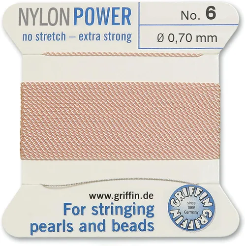 Griffin Cordón de nailon Perlseide – Color rosa claro – Tamaño 6 (0.028 in) – 6.6 ft por tarjeta – Aguja de acero inoxidable adjunta – para anudar