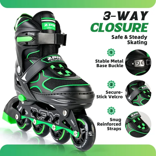 Miniatura 3 de 2PM SPORTS Patines en línea para niños y niñas, niños de 5 a 8 a 12 años, 4 a 6, 6 a 12 años, con ruedas iluminadas, cuchillas ajustables para Verde