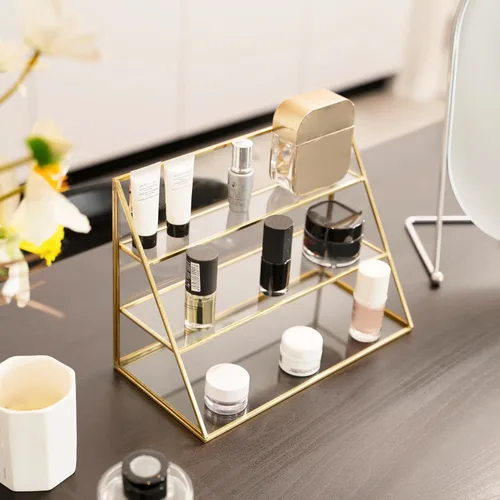 Miniatura 3 de FSyueyun Estuche organizador de maquillaje dorado, 3 capas de almacenamiento de maquillaje de vidrio, organizador de cosméticos, soporte de anillo