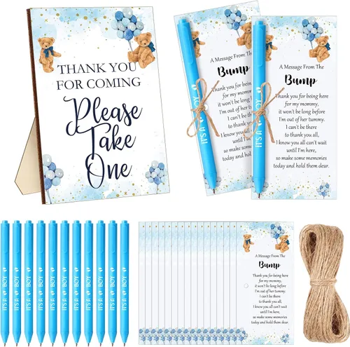 Sintuff Juego de 50 Recuerdos de Baby Shower para Invitados 1 Letrero de Agradecimiento por Venir 50 Bolígrafos 50 Tarjetas de Agradecimiento con