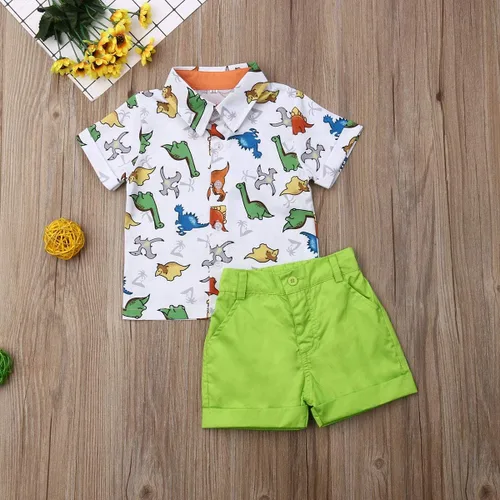 Miniatura 57 de Conjunto de camisa de manga corta con botones y pantalones cortos casuales con diseño de flamingo, para bebés y niños de 1 a 6 años, atuendos