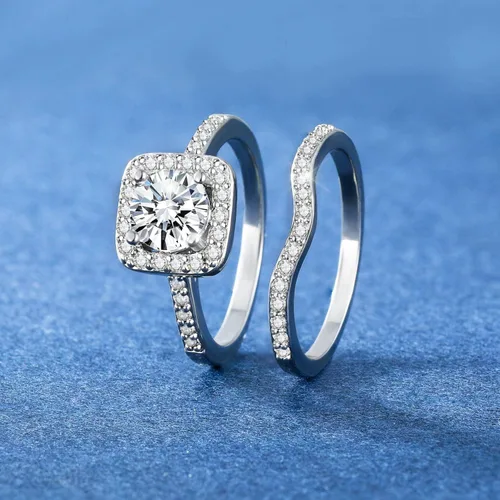 Miniatura 5 de MDFUN Anillo de compromiso de boda con circonita cúbica chapada en oro blanco de 18 quilates con halo de compromiso de boda y eternidad para mujer