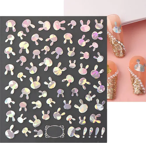 Miniatura 4 de 8 hojas de calcomanías de arte de uñas Aurora para mujeres, niños y niñas, láser de estrella plateada, serpiente, flor, conejo, corazón, diseño