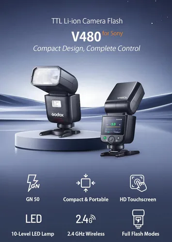 Miniatura 2 de Godox V480 para Canon GODOX TTL Flash - GN50/1.7s Recycle/650 Tiempos de flash/HSS/Lectura de distancia inteligente/Lámpara de modelado LED de 10