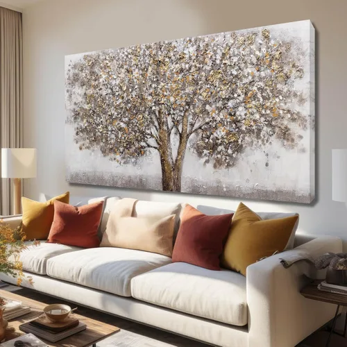 Miniatura 8 de CHUDANHAO Pósteres de Arte Grises Imágenes de Decoración de Pared de Árbol Grande para Oficina Arte de Pared Dorado y Blanco Pintura Botánica