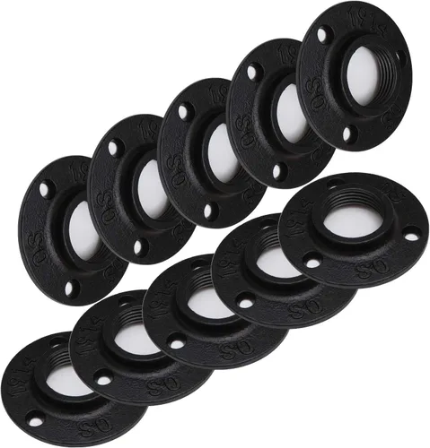 Miniatura 10 de Brida de piso pintada en negro antioxidante de 1/2 pulgada, paquete de 10 accesorios de tubería de hierro maleable para estilo vintage industrial
