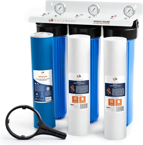 Aquaboon Sistema de filtro de agua de 3 etapas con 20 x 4.5 GAC y filtros de sedimentos para sistema de filtración de agua para toda la casa con