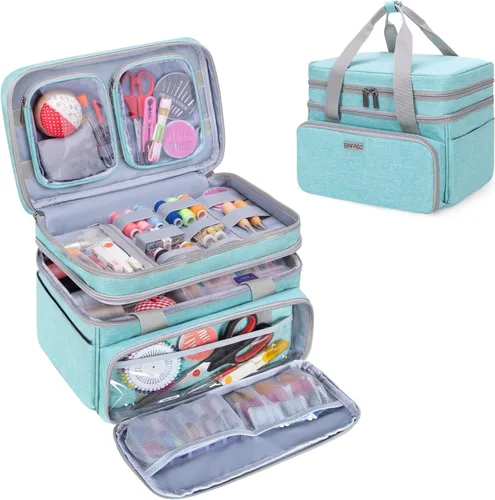 Miniatura 10 de BAFASO Organizador de accesorios de costura de doble capa con 2 bolsas desmontables, bolsa de almacenamiento grande para herramientas de costura Gris