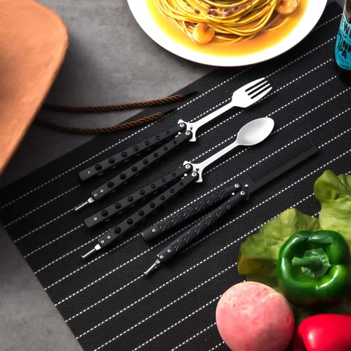 Miniatura 5 de Eaasty Juego de 3 piezas de peine de mariposa, tenedor y cuchara, cuchara plegable táctica de acero inoxidable para camping, caza, viajes al aire