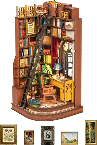 Miniatura 11 de ROBOTIME Kit de Rincón de Libros, Kit de Casa en Miniatura de Princesa de Cuento de Hadas para Bricolaje, Sujetalibros de Rompecabezas de Madera 3D