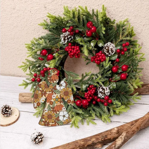 Miniatura 7 de 70s Retro Floral Flower Wooden Christmas Ornaments with Twines Holiday Hanging Decorations Angel Shapes Wood Slice Ornaments for Christmas Tree