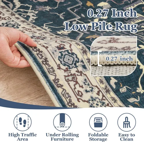 Miniatura 6 de Alfombra de pasillo profundo azul 2x8, alfombra de pasillo lavable antideslizante para entrada interior, alfombra de medallón vintage de 0.27