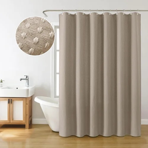 Miniatura 7 de Inhousolu - Cortina de ducha de tela, tejido de gofre, poliéster de 7.07 oz/m², dobladillo pesado, ganchos de metal incluidos, repelente al agua