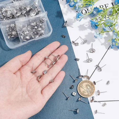 Miniatura 2 de UNICRAFTALE 150 piezas de 3 tamaños de aretes de acero inoxidable para aretes redondos planos y redondos, pegamento de copa de perlas, pasadores