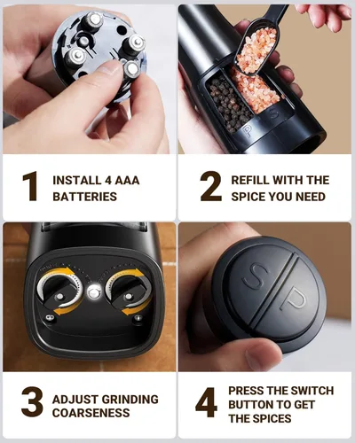 Miniatura 9 de Sangcon Juego de Molinillo Eléctrico de Sal y Pimienta Agitador 2 EN 1 - Molinillo Automático de Sal y Pimienta, Funcionamiento con Una Mano