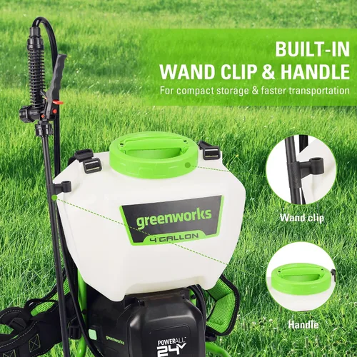 Miniatura 4 de Greenworks Rociador inalámbrico de mochila de 24 V (4 galones, 5 puntas, espray de 25 pies), para deshierbe, pulverización y limpieza, solo