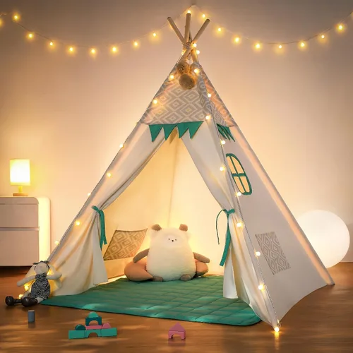 Miniatura 10 de besrey - Tienda de campaña tipi para niños con luz y alfombra, tienda de campaña para jugar en interiores, casa de juegos, tienda tipi de algodón