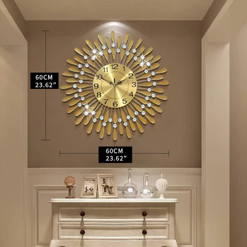 Miniatura 3 de Reloj de pared grande de metal, decorativo, 3D, sin tictac, silencioso, de cuarzo, con números arábigos, para sala de estar, hogar, cocina, Oro ~
