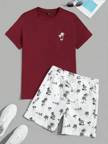 Miniatura 43 de GORGLITTER Conjunto de 2 piezas de camiseta gráfica de manga corta para hombre, estampado hawaiano con cordón y pantalones cortos