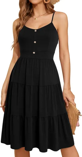 YATHON Vestidos de verano para mujer, casual, verano, playa, sin mangas, con tirantes delgados, con botones, volantes, plisados, fluidos