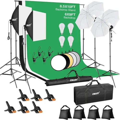 EMART Sistema de soporte de telón de fondo de 8.5 x 10 pies, kit de iluminación profesional para fotografía con bombilla LED de 50 W, reflector, 3