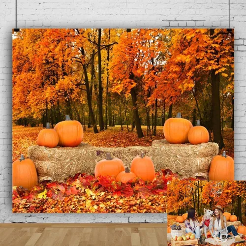 Miniatura 27 de Telón de fondo de paisaje de bosque otoñal para fotografía, paisaje de otoño, hojas de día de Acción de Gracias, calabaza, girasol, fondo