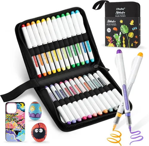 Ohuhu Marcadores de Pintura Acrílica con Punta de Pincel: 24 Colores Control Automático de Tinta Marcadores Acrílicos de Alta Opacidad Bolígrafos de