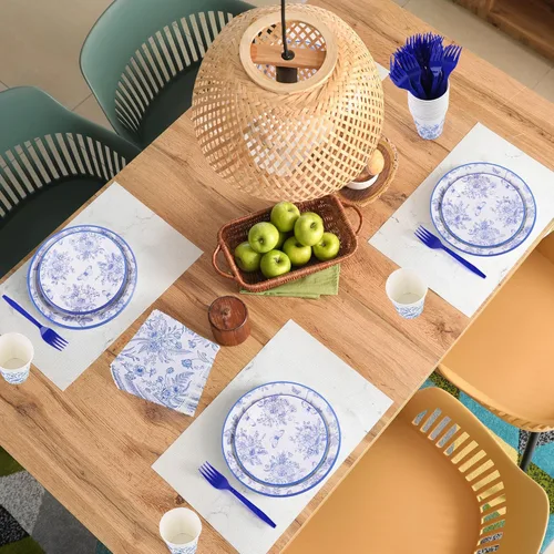 Miniatura 6 de DuroNY 144 piezas de juego de vajilla desechable azul y blanco con flores, platos de papel florales elegantes de 9 pulgadas y 7 pulgadas, vasos