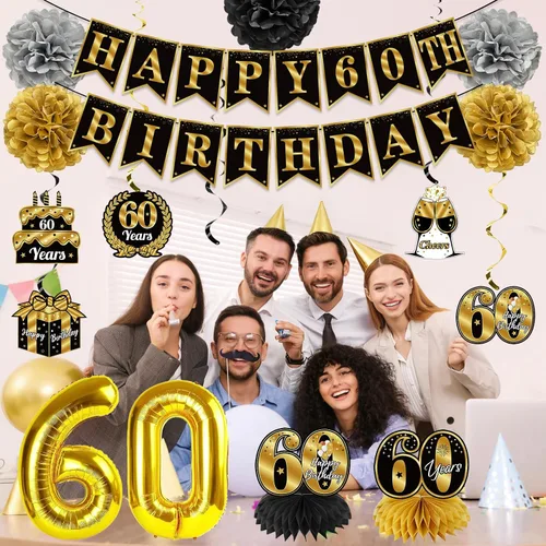 Miniatura 4 de Decoraciones de cumpleaños de 60 años para hombres y mujeres, pancarta de feliz cumpleaños número 60, globos de felicitación a 60 años, decoraciones