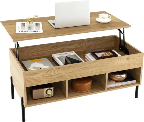 Miniatura 9 de Giantex Mesa auxiliar elevable, mesa rectangular de madera con compartimento oculto y estantes de almacenamiento abiertos, mesa central moderna