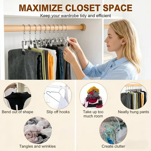 Miniatura 5 de Organizador de armario con 10 clips, organizador colgante de armario ajustable de madera para armario, colgador de pantalones de acero inoxidable