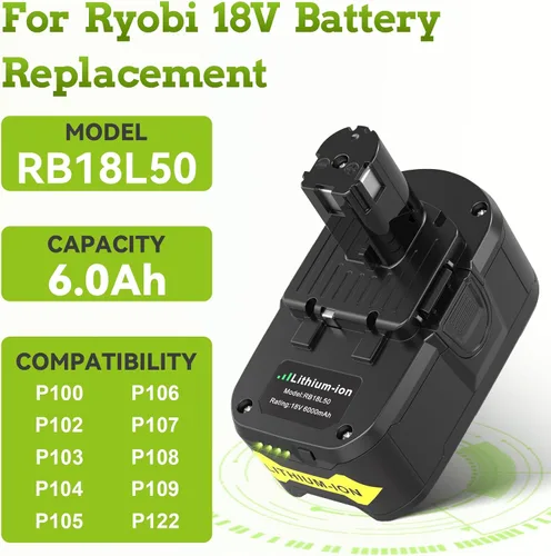 Miniatura 2 de Paquete de 6 baterías de litio de 6.0Ah 18V compatibles con Ryobi RB18L50 P108 P102 P104 de alta capacidad con indicador LED